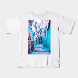 Morocco Blue and White Alley Glitch Art Kids T-Shirt